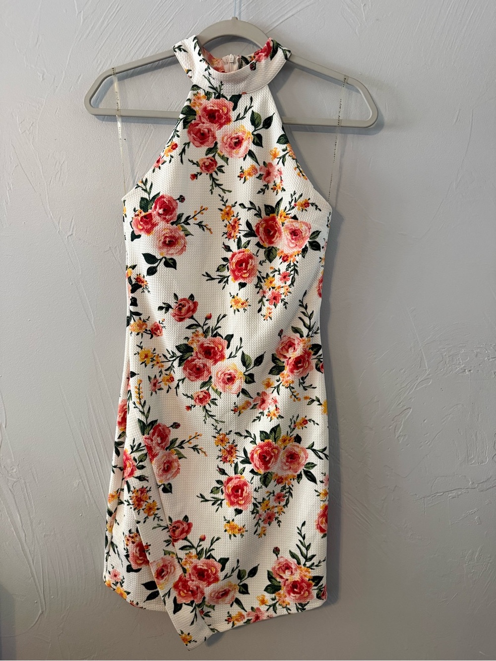 Haute Monde Floral Halter Mini Dress White Pink Roses Size Medium